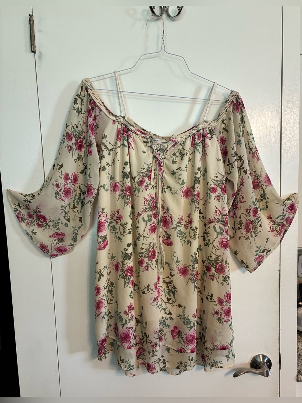 Off the Shoulder flowy dress with Pink Roses